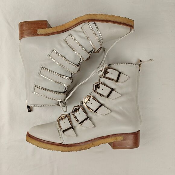 Femmes Sans Peur Buckles Lace Up Ankle Boots Ivory Gold Size 5.5/6 Y2K Western - Picture 7 of 10